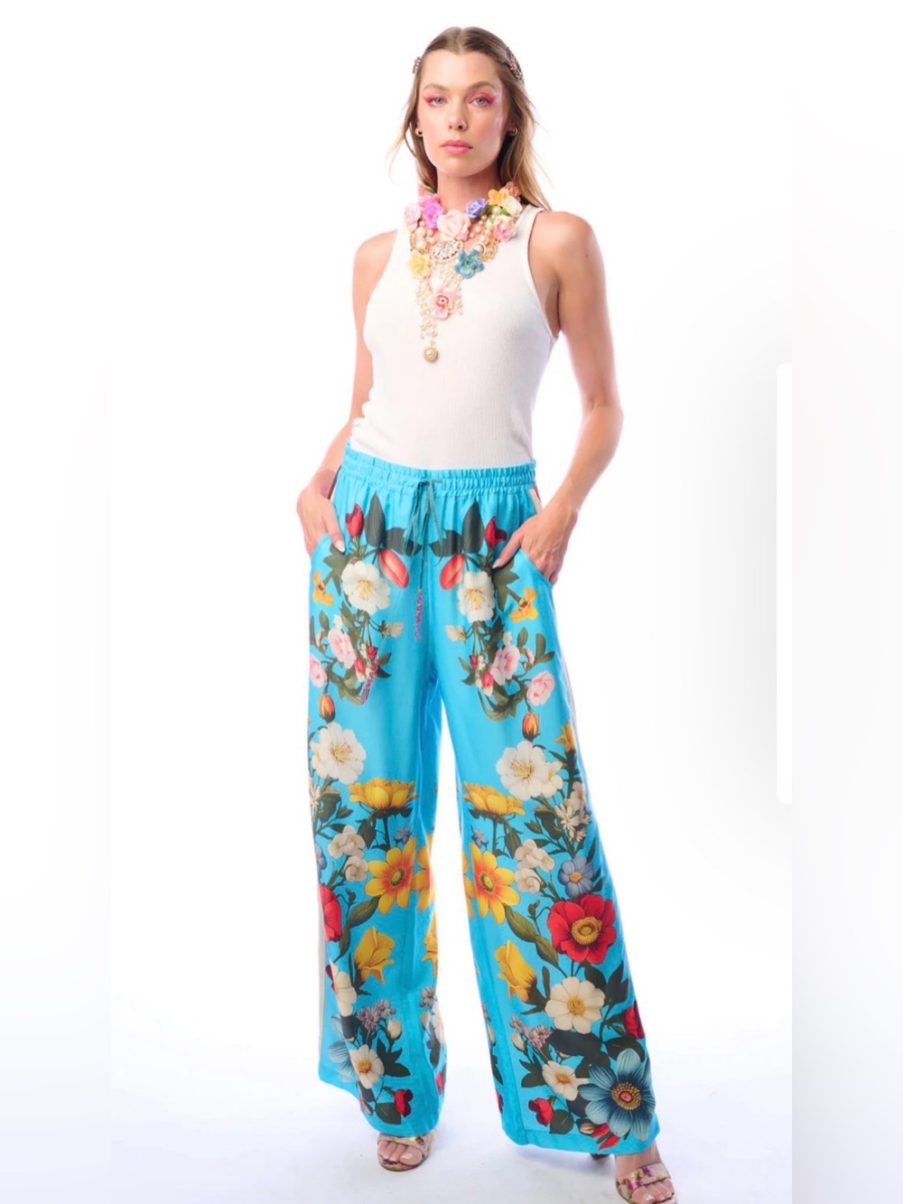 Aratta pants XS Bright Blue Floral Wide-Leg Pants